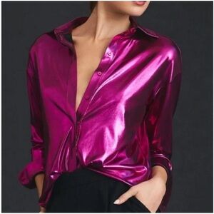 Anthropologie Shimmer Magenta Lamé Button Down  nwt small blogger fave